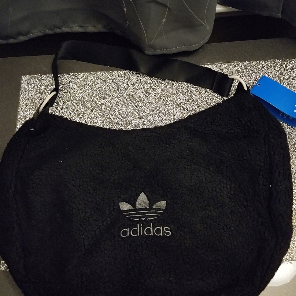 adidas Black Sherpa Shoulder Bag with Trefoil Embroidery